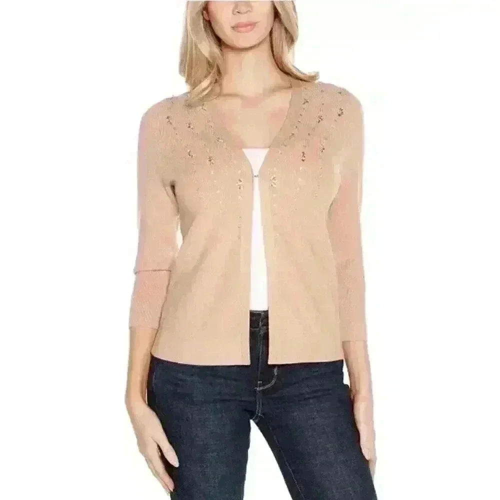 Belldini Black Label Embelished Rhinestone Cardigan Beige Tan Open Front‎ Size M